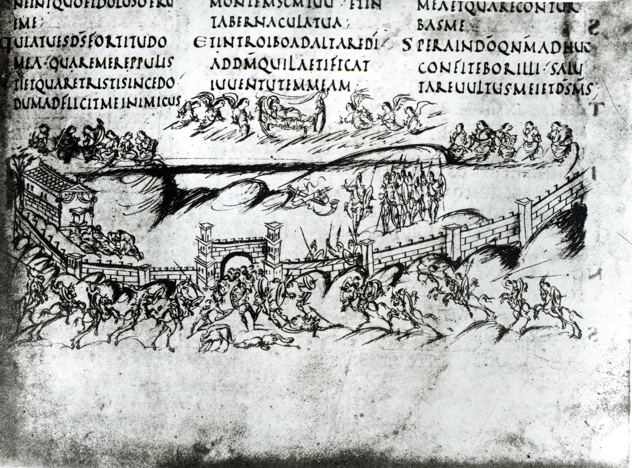 Illustration av olika scener från Psalm 43 inklusive versen Vakna, varför sover du, O Herre?, från Utrecht Psalter, kopia av originalet från Reims nu i Utrecht University Library (pen & i av Carolingian School