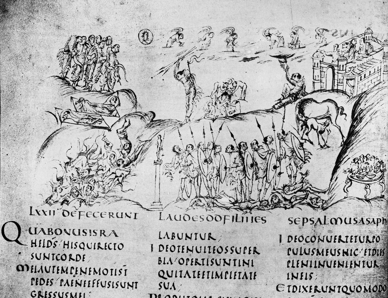 Illustration av olika scener från en av psalmerna, från Utrecht Psalter, kopia av original från Reims nu i Utrecht University Library (penna och bläck) av Carolingian School