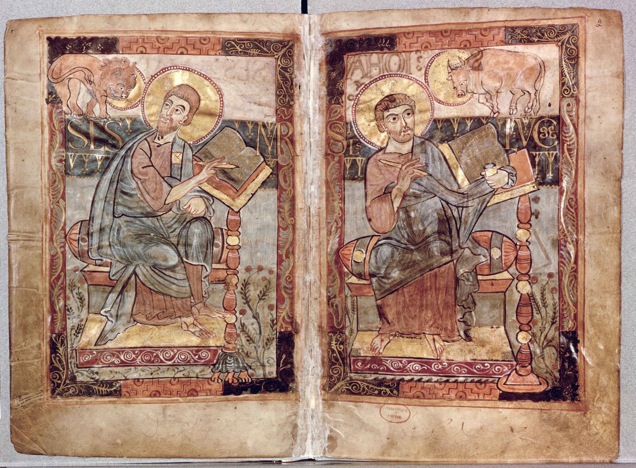 NAL 1203 fol.1v-2 St. Markus och St. Lukas, från Godescale-evangeliet, c.1781-783 av Carolingian School