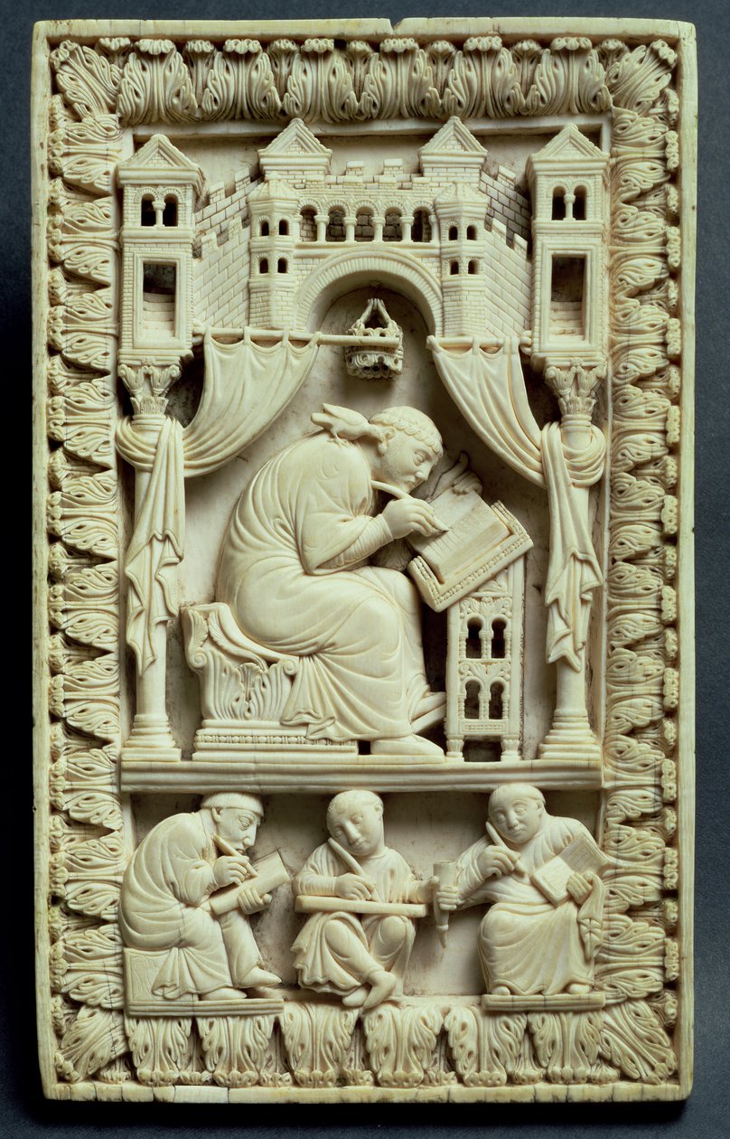 St. Gregorius skrift med skriftlärda nedan, fransk-tyska skolan, c.850-875 av Carolingian School