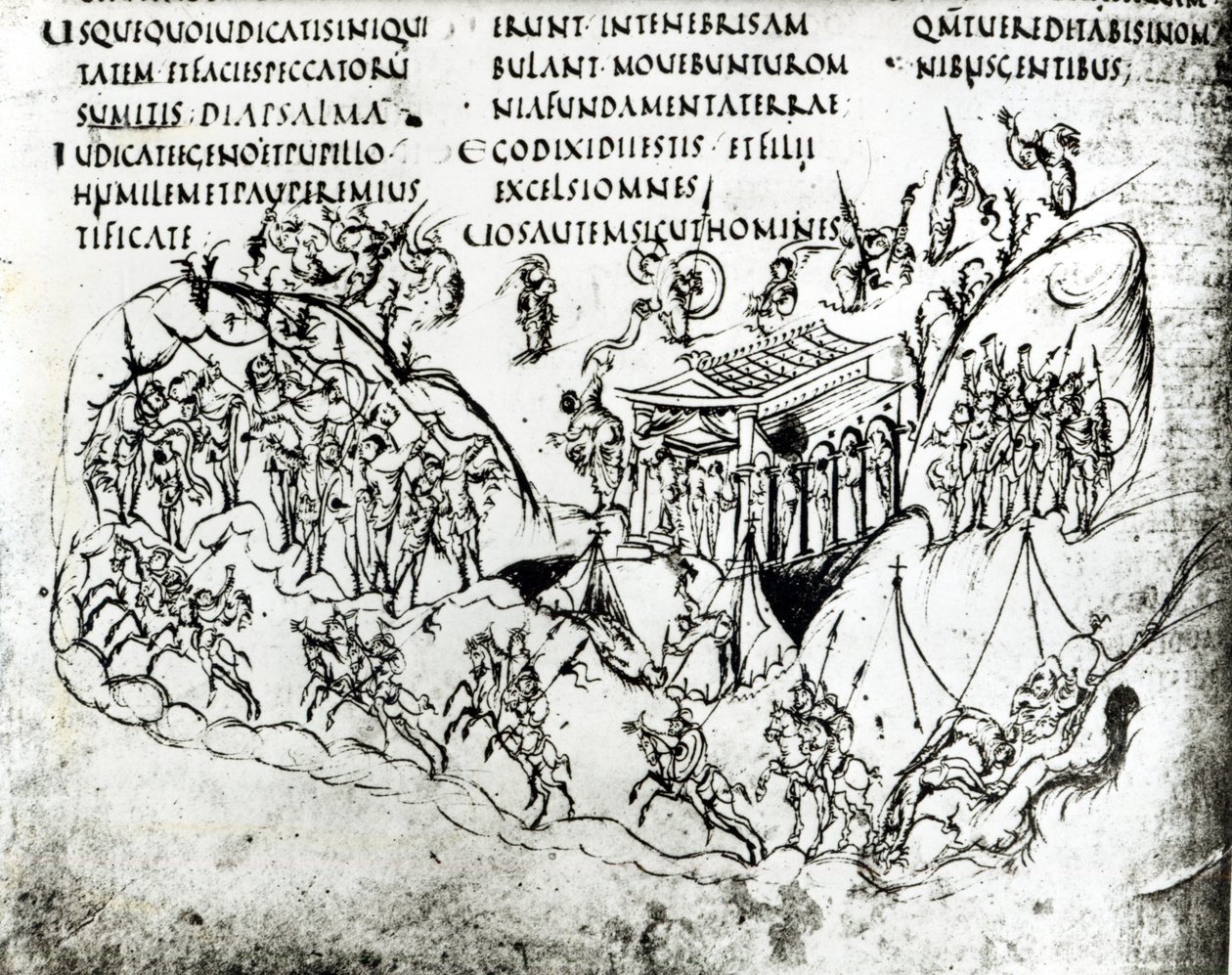 Olika scener som illustrerar en psalm, från Utrecht Psalter, kopia av originalet från Reims nu i Utrecht University Library (penna och bläck) av Carolingian School