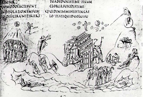 Olika scener som illustrerar en av psalmerna, från Utrecht Psalter, kopia av original från Reims nu i Utrecht University Library (penna och bläck) av Carolingian School
