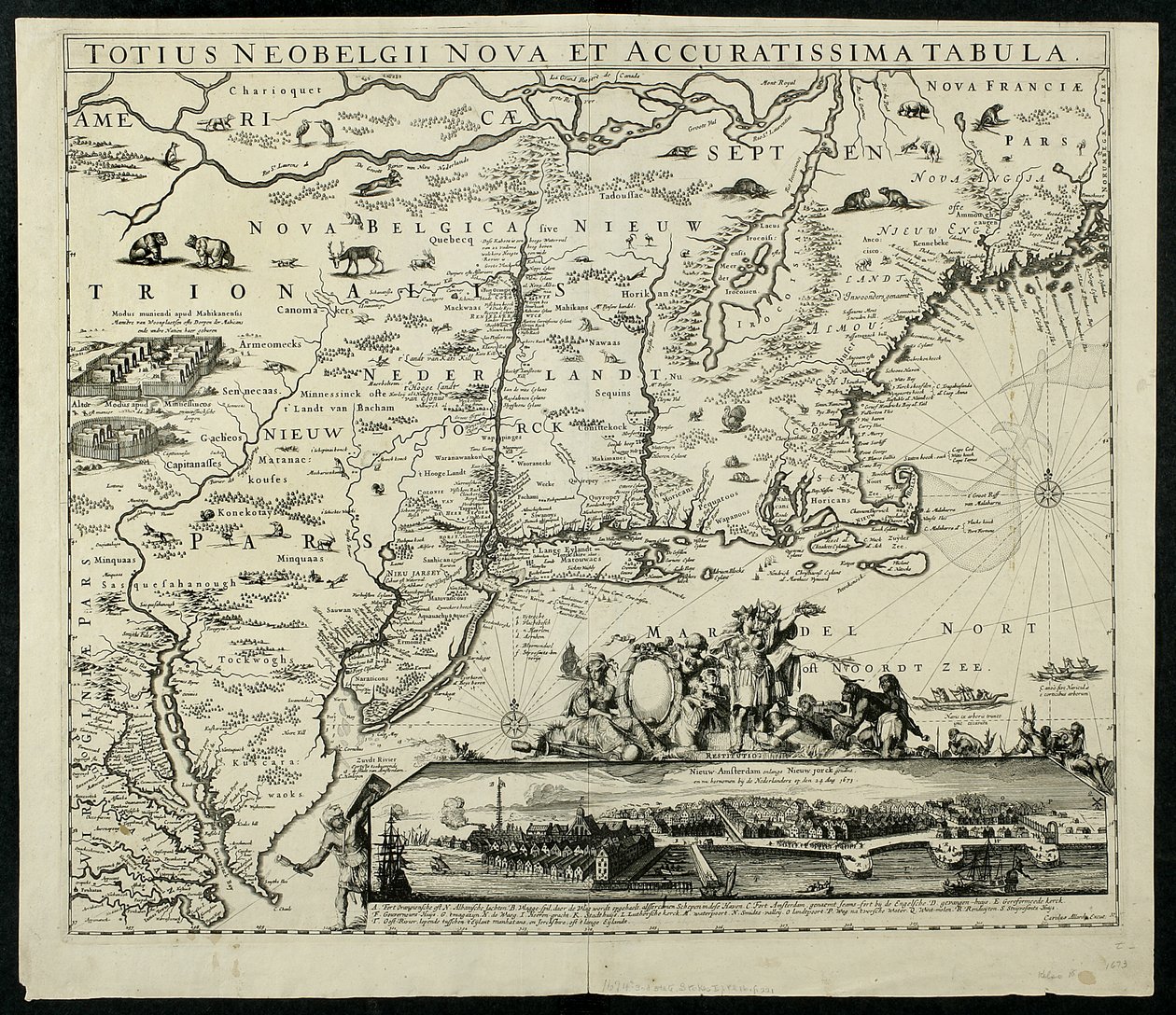 Ny och exakt karta över Neobelgii, karta, 1674, 1674 tryckt karta, bläck på papper av Carolus Allardt