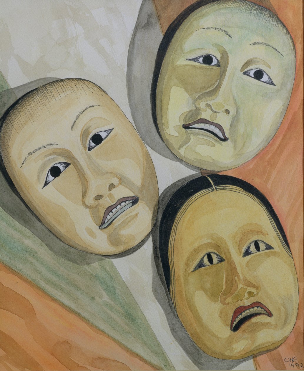 Orientaliska masker (penna & bläck och wc på papper) av Carolyn Hubbard Ford