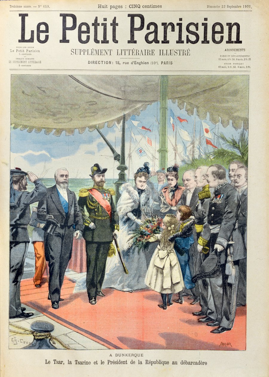Tsar Nicolas II med sin fru tsarina Alexandra välkomnas i Dunkerque av president Loubet, omslag till "Le Petit Parisien", 22 september 1901 av Carrey