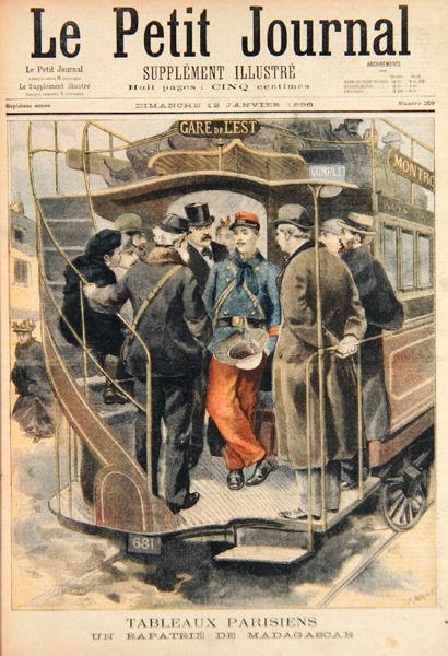 En repatrierad soldat från Madagaskar, graverad av Fortune-Louis Meaulle (1844-1901) illustration från Le Petit Journal, 12 januari 1896 (färgstick) av Carrey