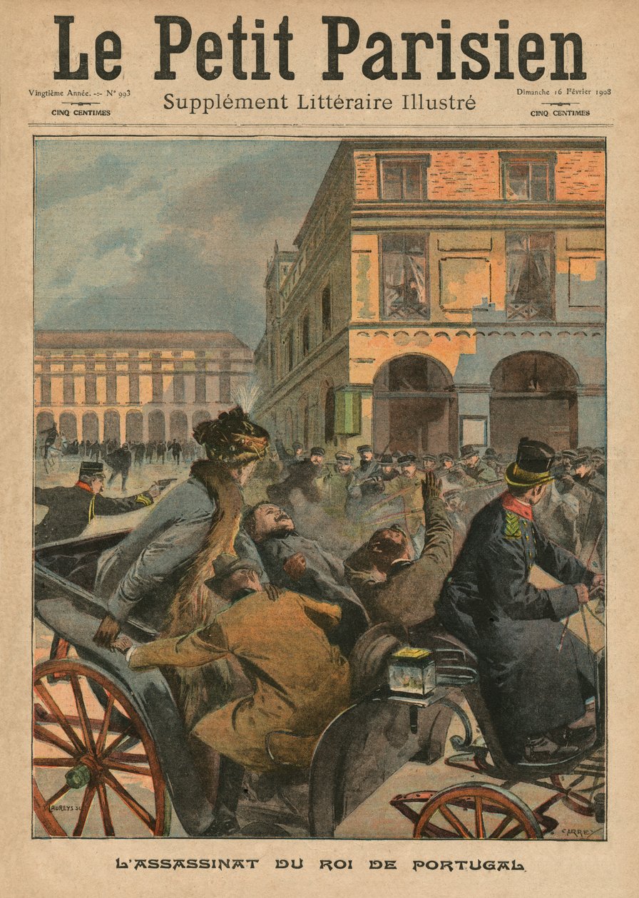 Mordet på kung Carlos I, kung av Portugal, illustration på framsidan från "Le Petit Parisien", tillägg litteraire illustre, 16 februari 1908 av Carrey