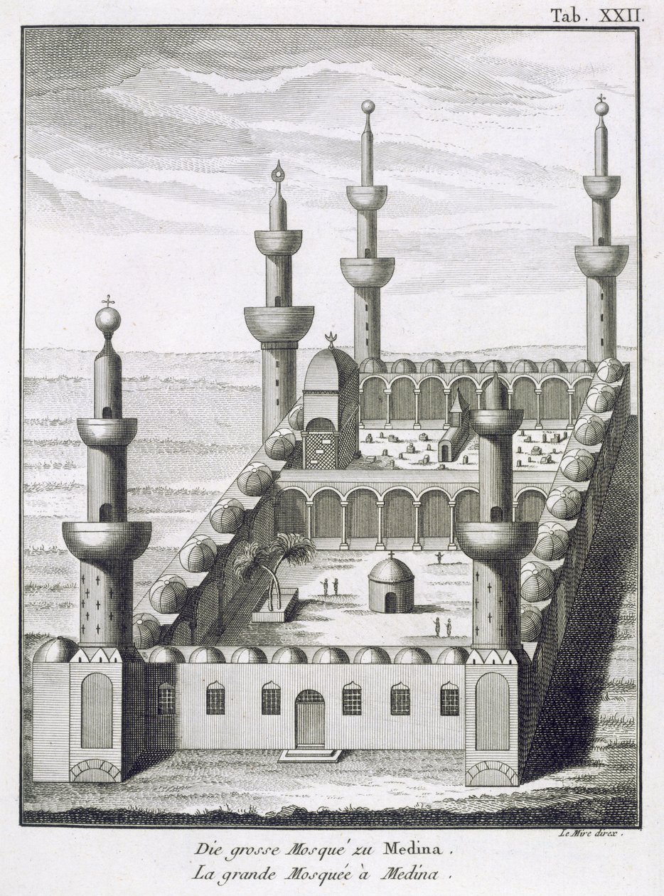 Den stora moskén i Medina, från resor i Arabien och i andra östliga länder, graverad av Le Mire, publicerad 1780 av Carsten Niebuhr