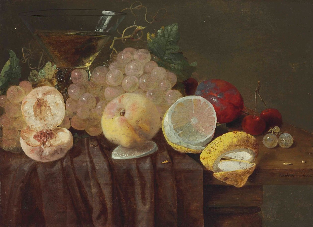 Vindruvor, persikor, en citron, plommon, körsbär och en rosmarin på ett delvis dukat bord av Carstian Luyckx