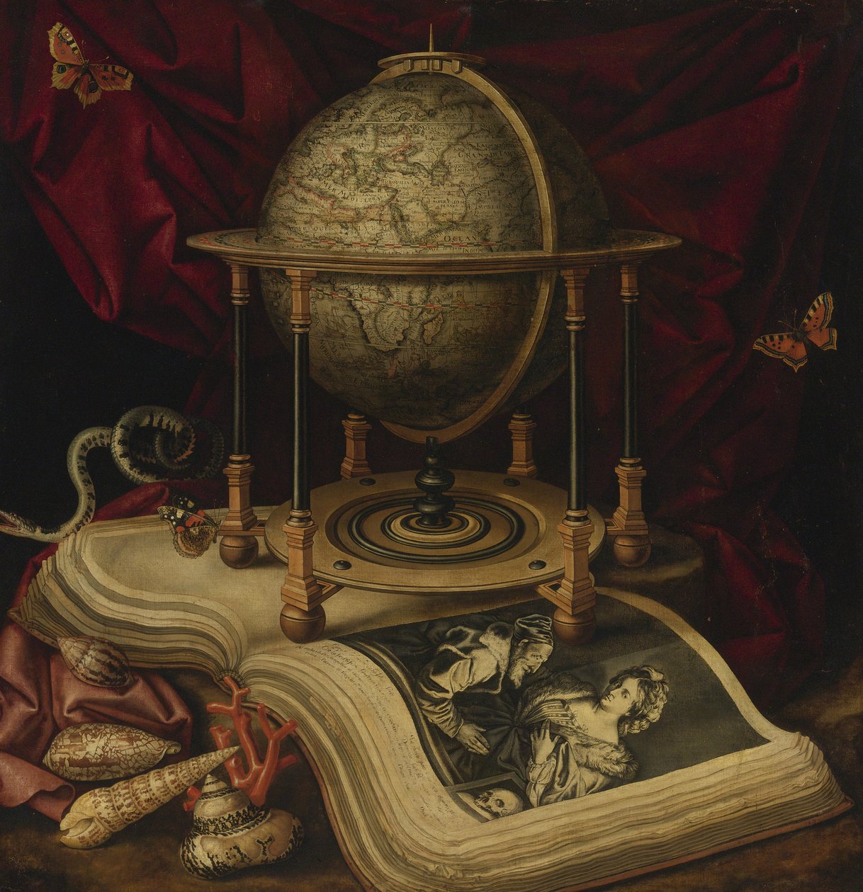 Vanitas stilleben med en jordglob, en bok, snäckor, en orm och fjärilar av Carstian Luyckx