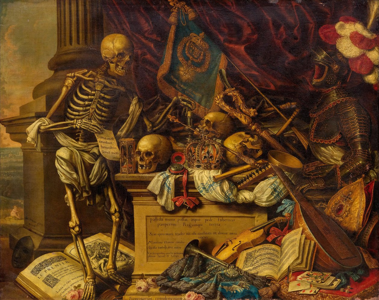 Vanitas stilleben med musikinstrument, böcker, notblad, skelett, skalle och rustningar, 1600-talet av Carstian Luyckx
