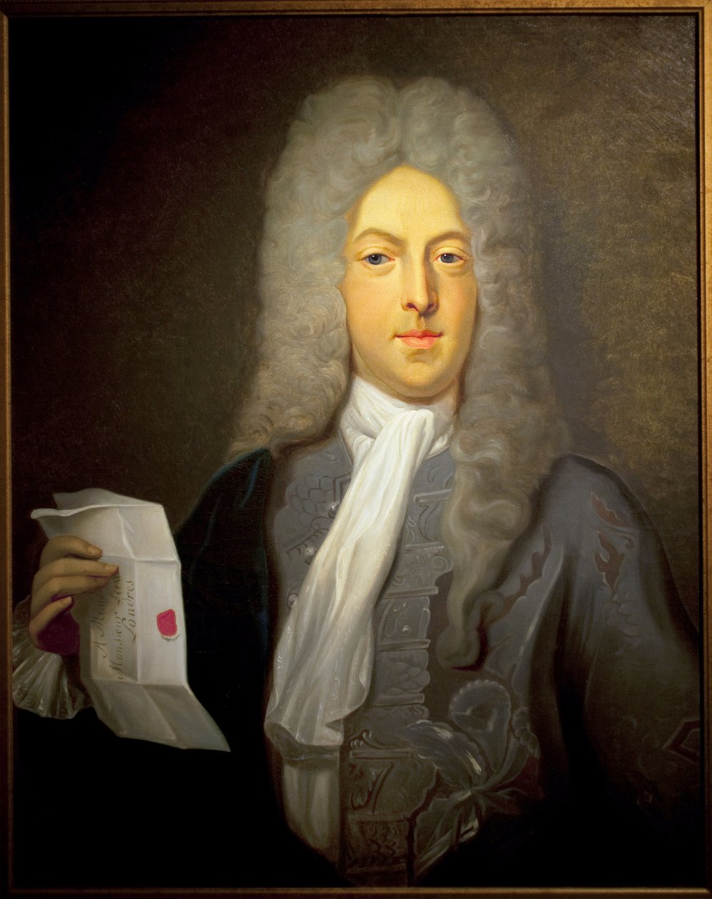 Porträtt av John Law (1671-1729), skotsk finansman och finanskontrollant i Frankrike, ansvarig för konkursen 1720. Målning av Casimir Balthazar (1811-1875), Olja på duk av Casimir de Balthasar