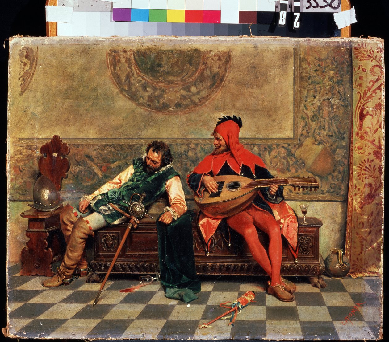 Berusad krigare och hovnarr. Målning av Casimiro Tomba (1857-1929). Olja på duk, 37 x 47 cm. Italiensk konst från 1800-talet. M. Kroshitsky konstmuseum, Sevastopol. av Casimiro Tomba