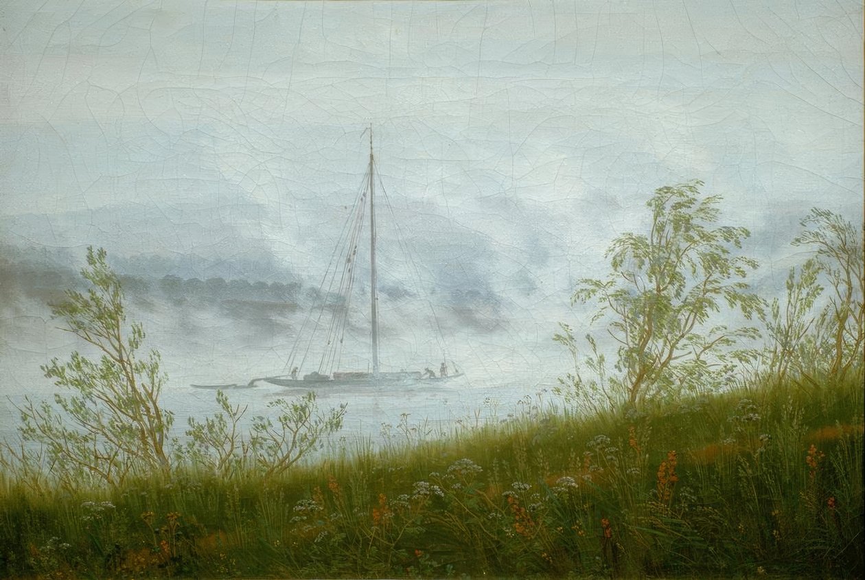 Elbeskepp i tidig morgondimman av Caspar David Friedrich