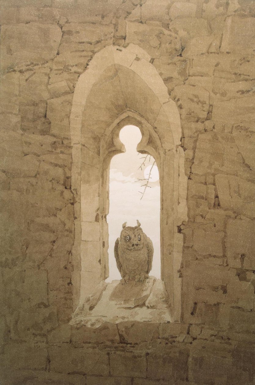 Eule in der gotischen Fensternische av Caspar David Friedrich