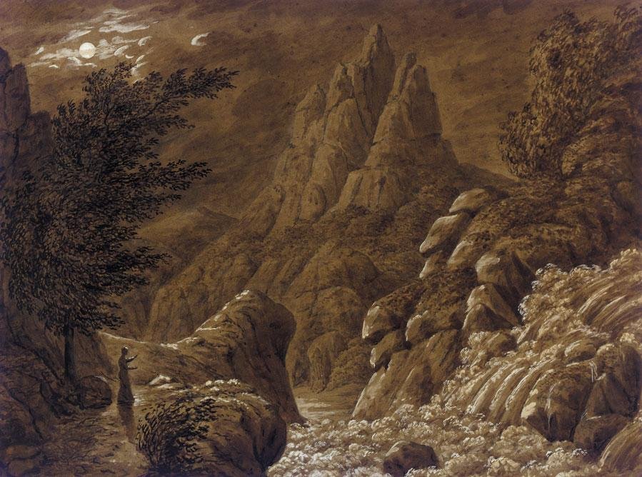 Idealiskt bergslandskap med vattenfall av Caspar David Friedrich