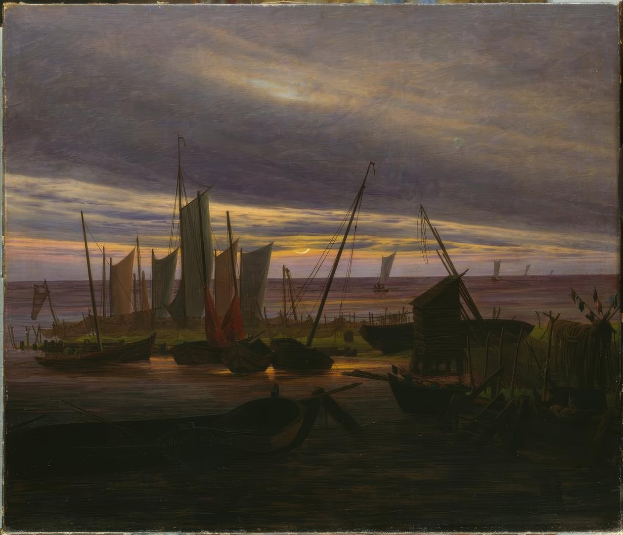 Fartyg i hamnen på kvällen av Caspar David Friedrich