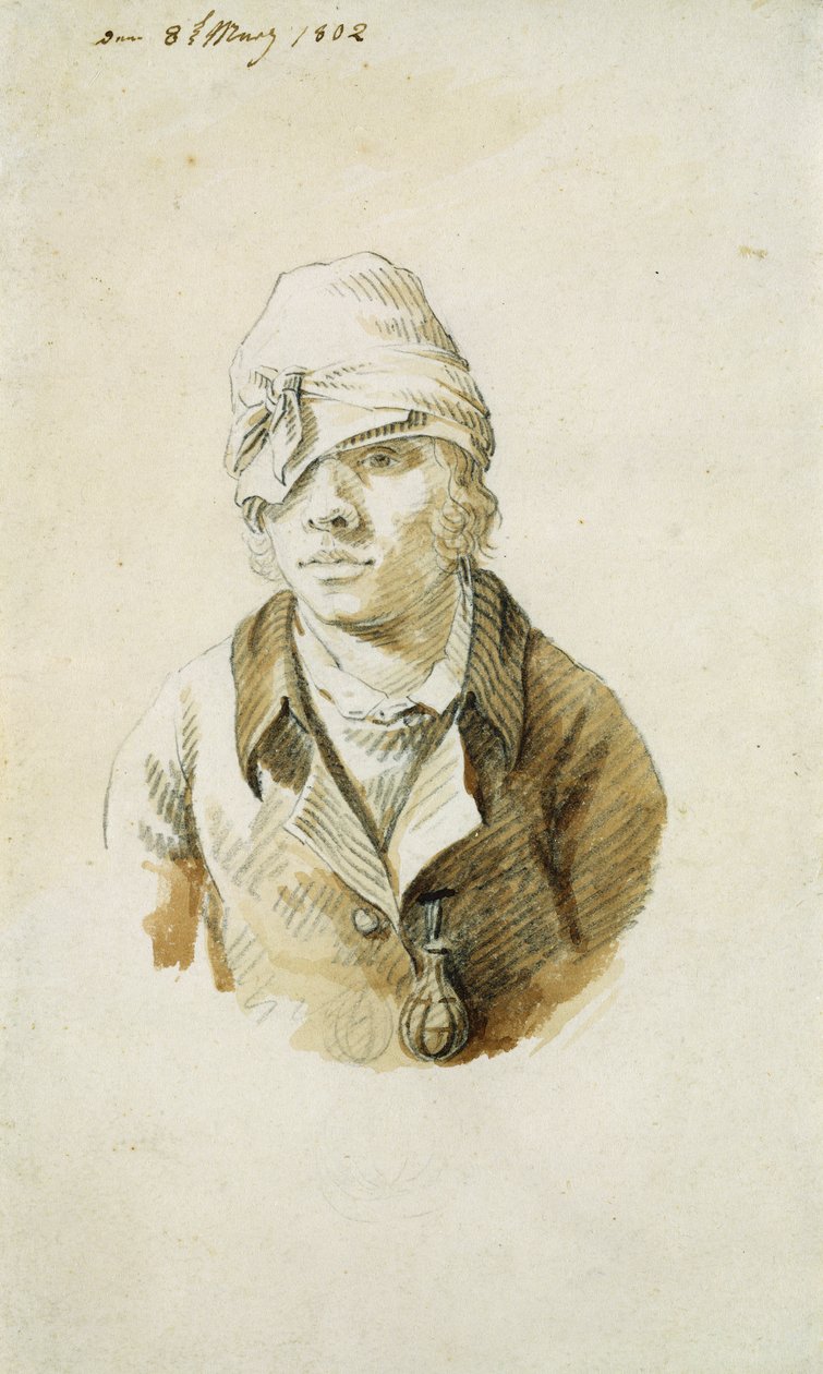 Självporträtt med mössa och ögonlapp, 8 maj 1802 (penna, pensel och wc på papper) av Caspar David Friedrich