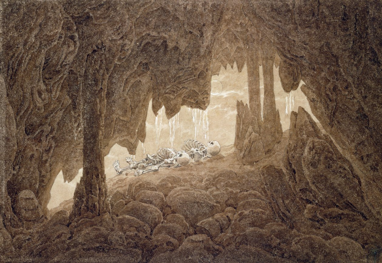 Skelett i grottan (sepia bläck och penna på papper) av Caspar David Friedrich