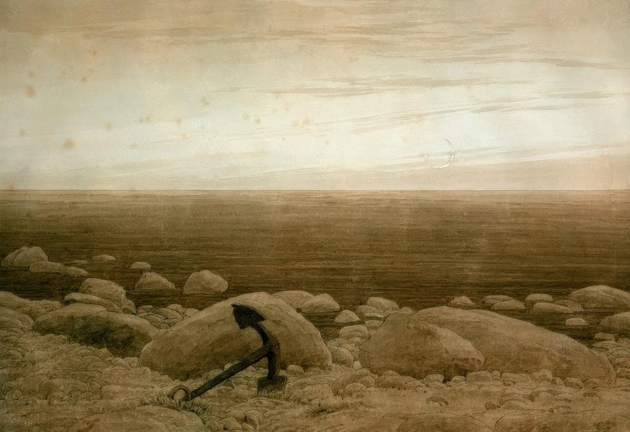 Stenig strand med ankare och halvmåne av Caspar David Friedrich