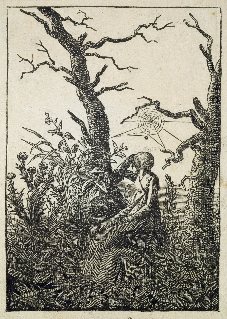 Kvinnan med ett spindelnät i mitten av bladlösa träd av Caspar David Friedrich