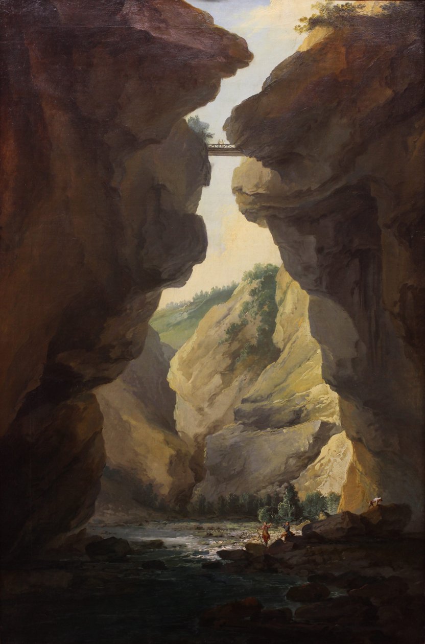 Bridge and gorges of Dala river in Leuekerbad, view towards the mountain av Caspar Wolf
