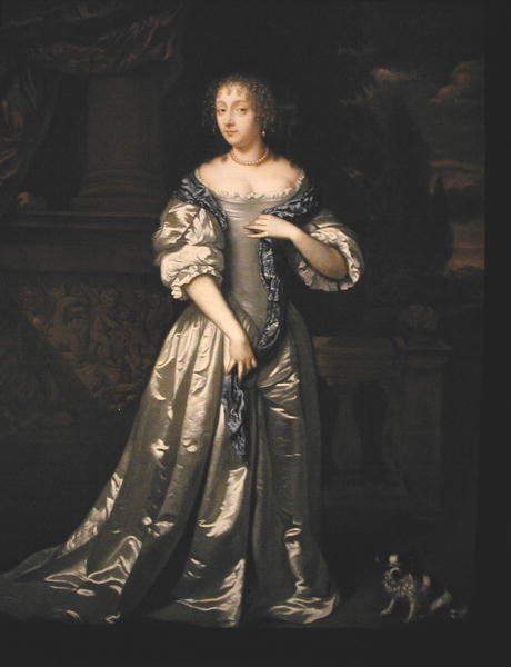 Porträtt av Lady Philippa Stanton och hennes hund som står på en terrass av en skulpterad fris (olja på duk) av Caspar (studio of) Netscher
