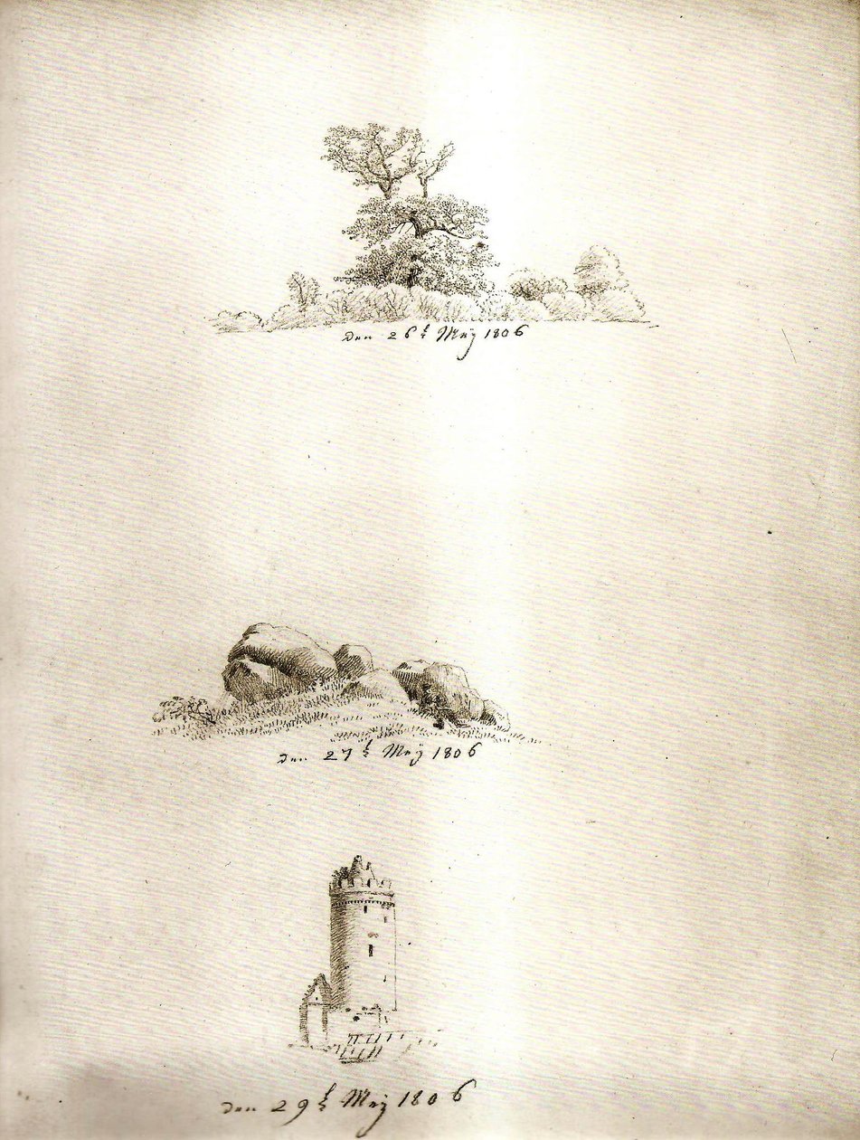 Träd, korg och torn av Caspar David Friedrich