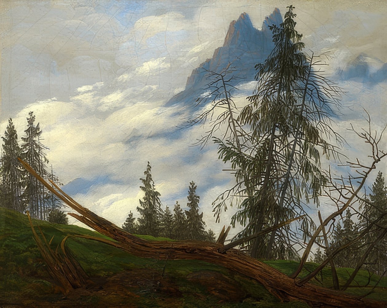 Bergstoppar med rörliga moln. Omkring 1835 av Caspar David Friedrich