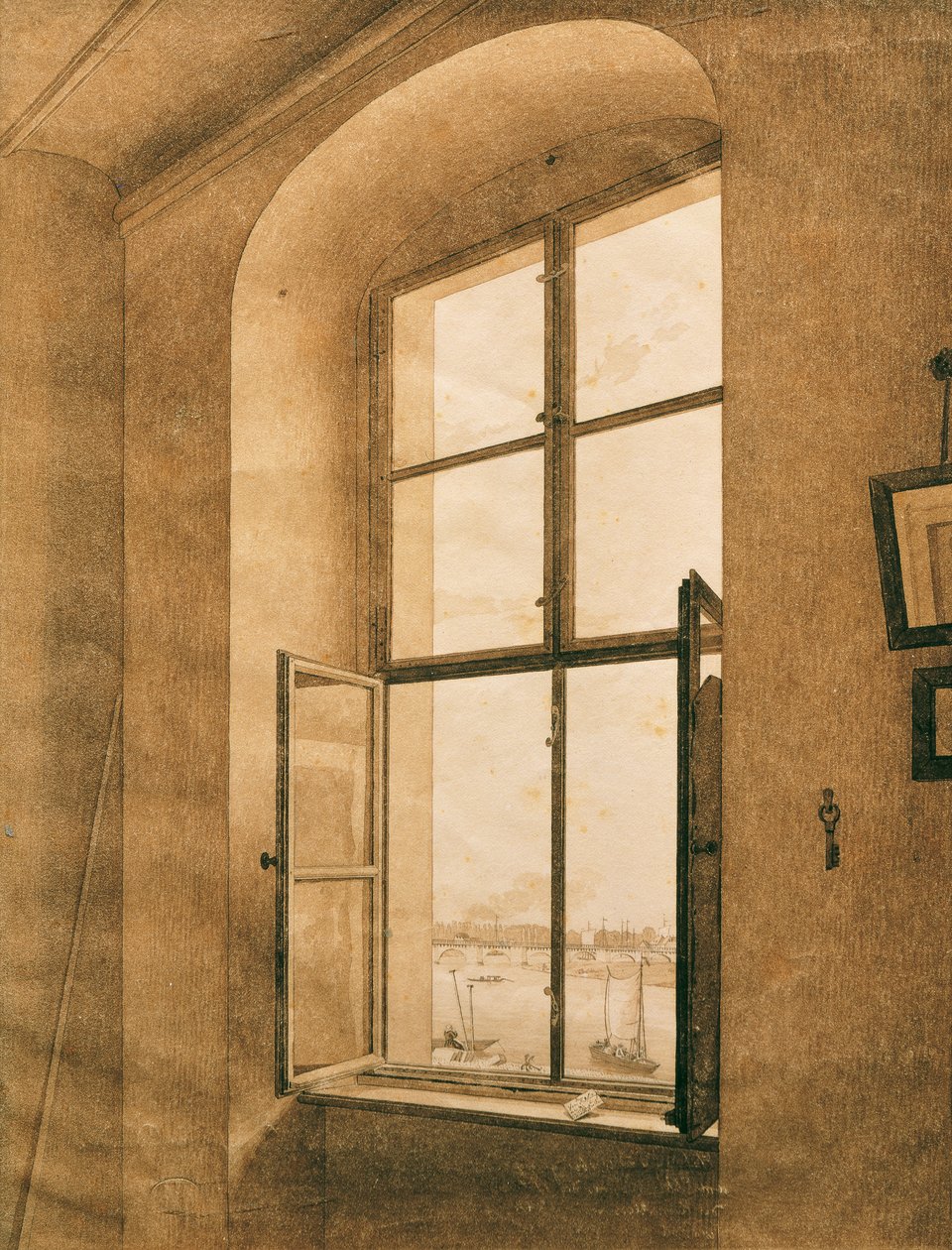 Utsikt över Elbe från konstnärens ateljé i Dresden (vänster fönster) av Caspar David Friedrich