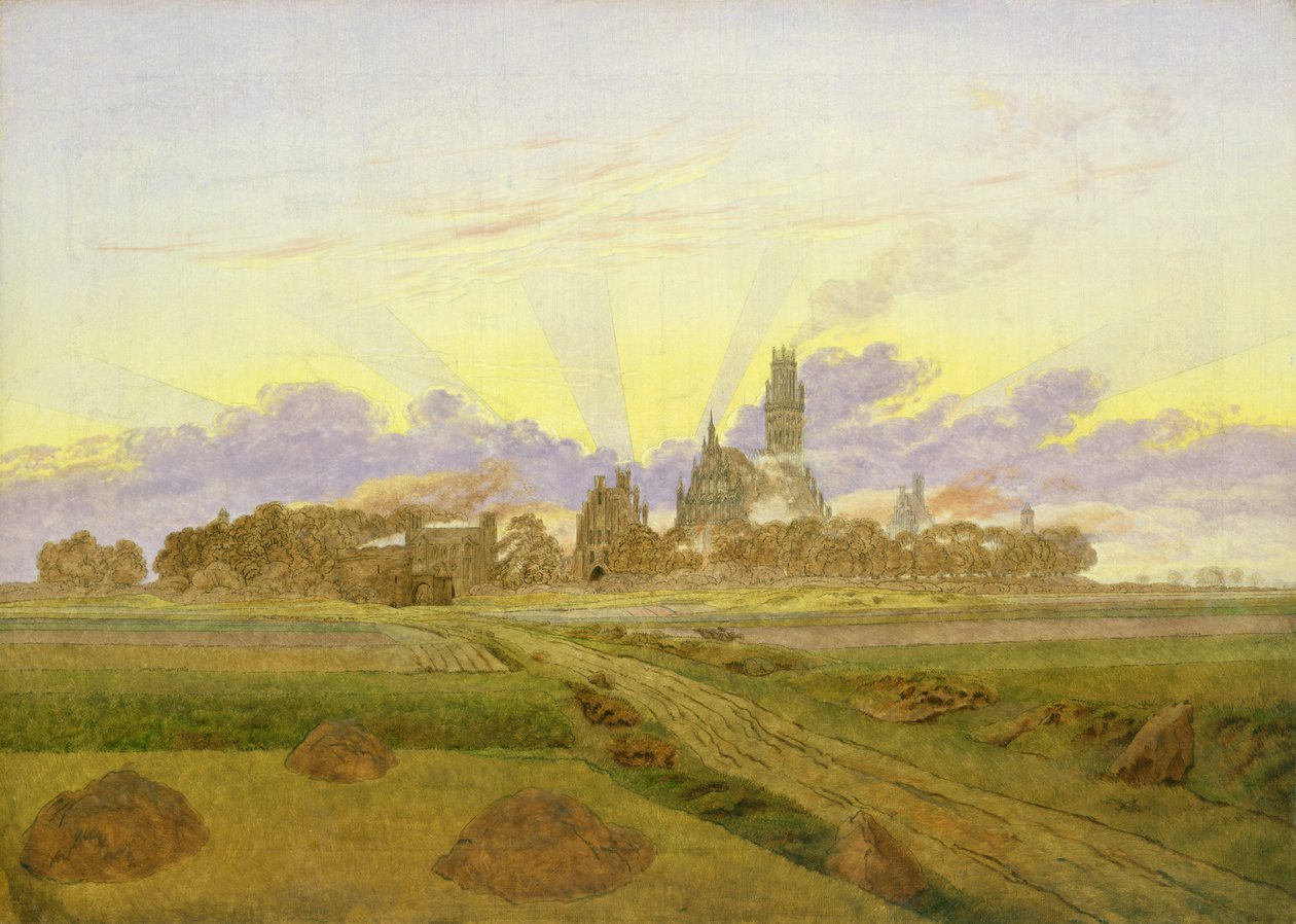 Dawn at Neubrandenburg (olja på duk) av Caspar David Friedrich