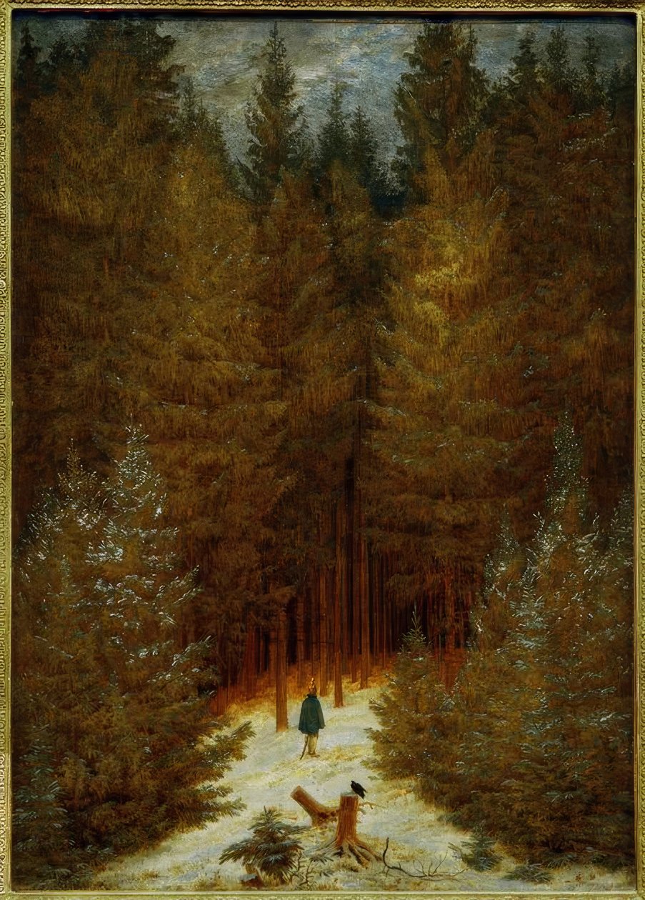 Chasseur im Walde (En snötäckt granskog, Tannenwa av Caspar David Friedrich
