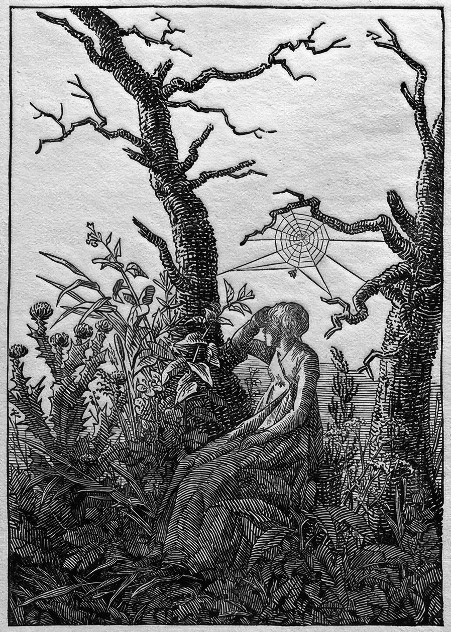 Kvinnan med spindelnätet mellan kala träd av Caspar David Friedrich