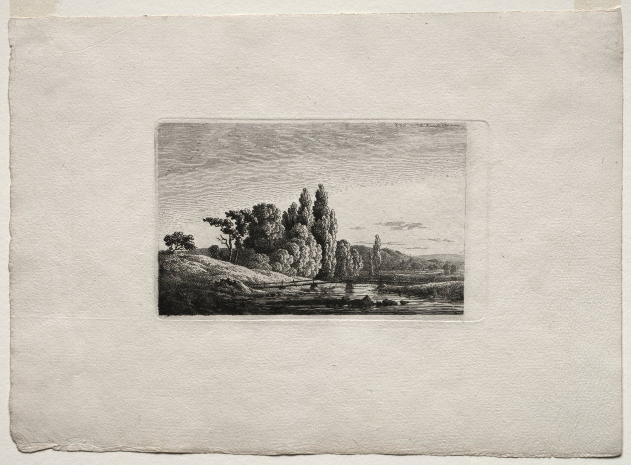 Spång med kors före träd vid en flod av Caspar David Friedrich