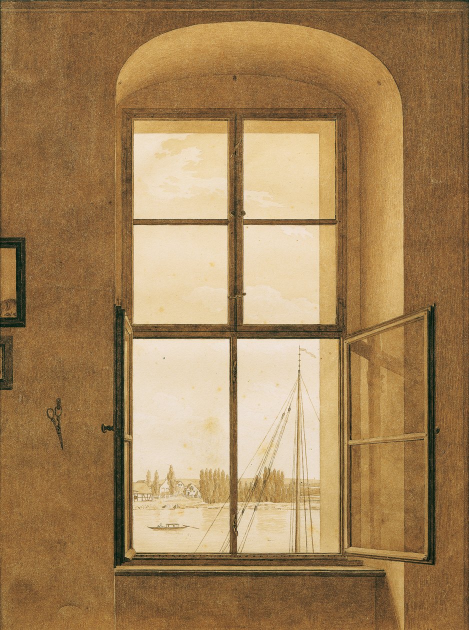 Tyska: Blick aus dem Fenster des Künstlers, rechtes Fenster Vy från fönstret i konstnärens ateljé, höger fönster av Caspar David Friedrich