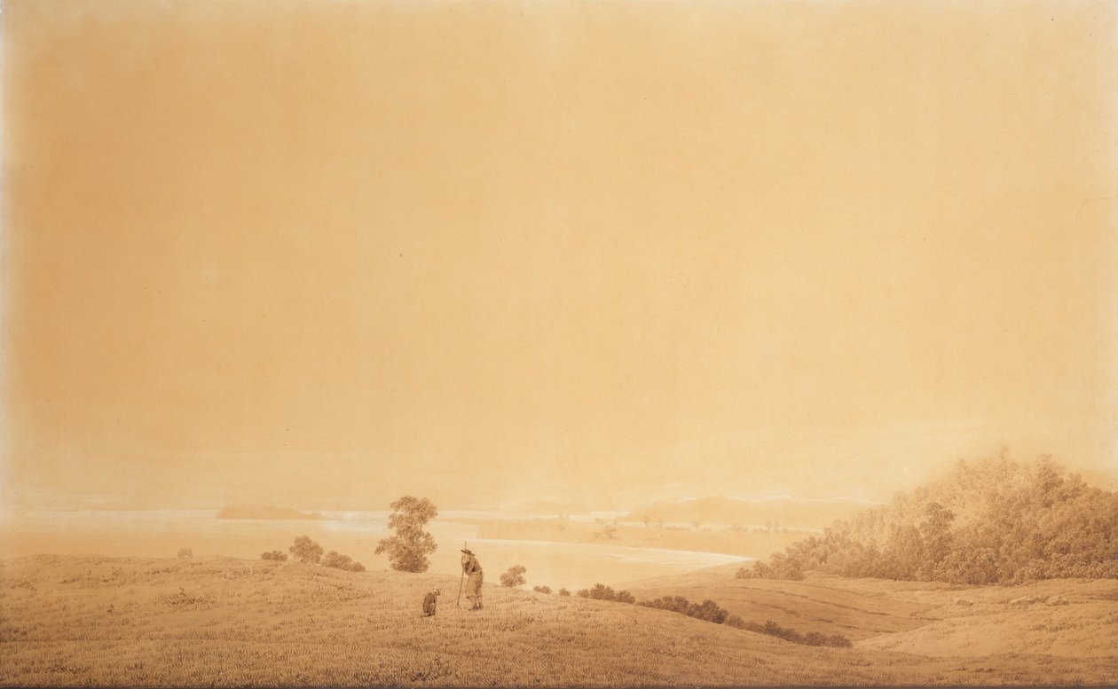 Tyska: Die Ostküste der Insel Rügen mit Schäfer Östra kusten av ön Rügen med herdehund av Caspar David Friedrich