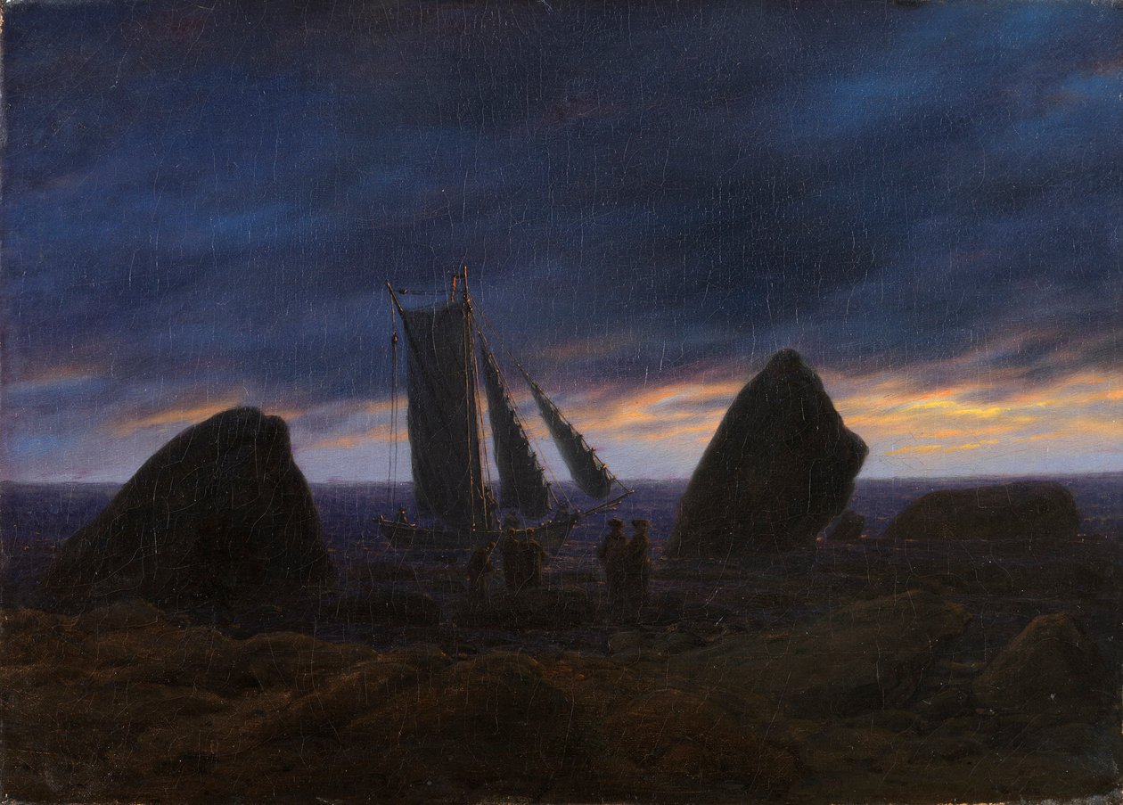 Tyska: Fischerboot zwischen Findlingen am Ostseestrand Fiskebåt mellan två stenar på Östersjöns strand av Caspar David Friedrich