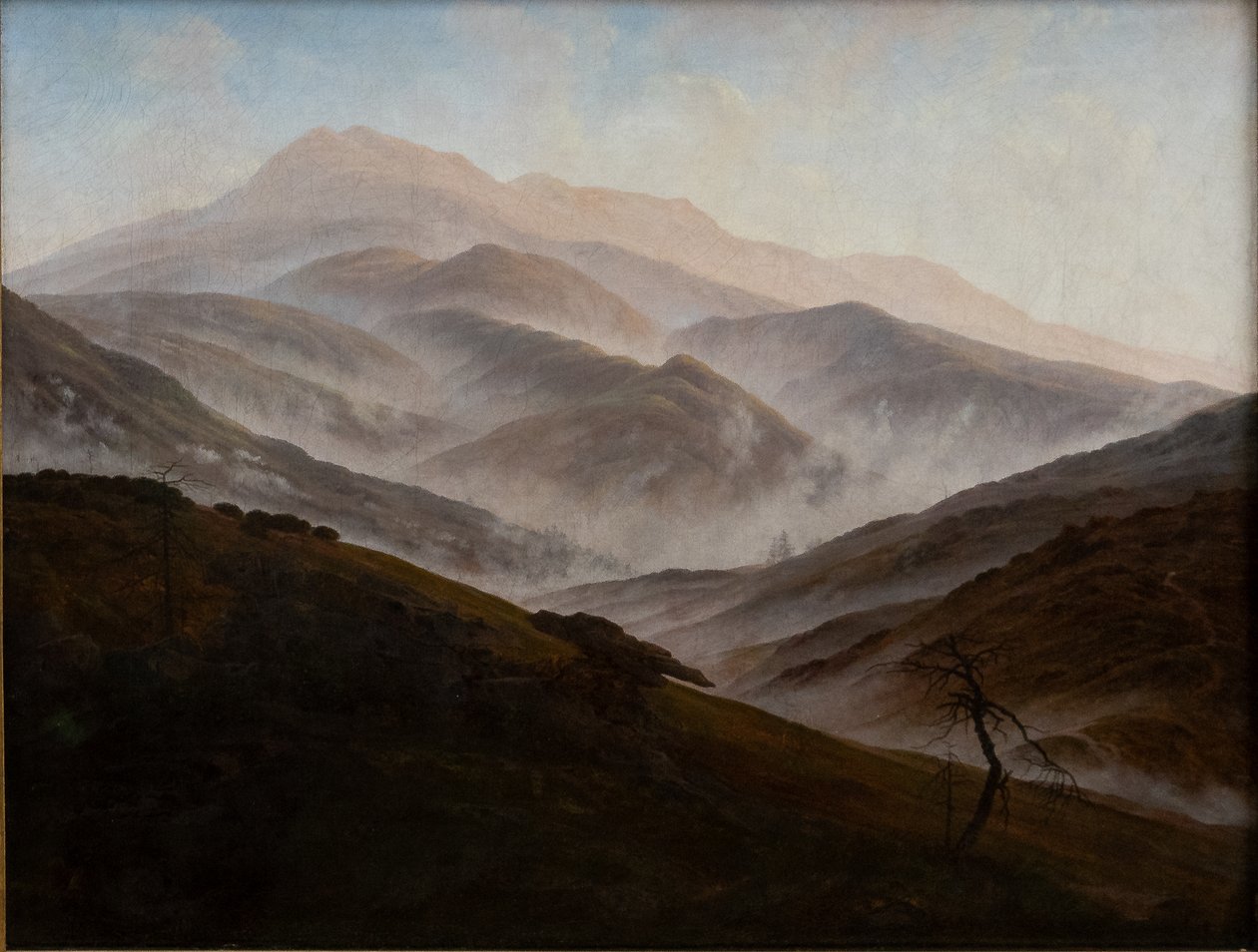 Tyska: Riesengebirgslandschaft mit aufsteigendem Nebel Jätteberg Landskap med stigande dimma av Caspar David Friedrich