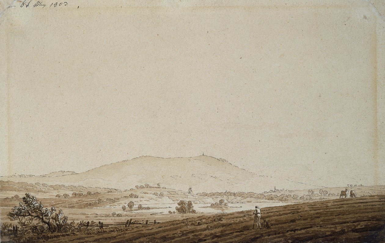 Landskap i Böhmen med utsikt över berget Jeschken, 1803 (penna- och bläcktvätt på papper) av Caspar David Friedrich