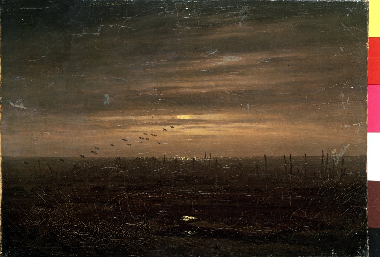 ""Fiskenäten"" (Fiskenät) Landskap vid solnedgången. Målning av Caspar David Friedrich (1774-1840) 1800-talets Eremitagemuseum Sankt Petersburg av Caspar David Friedrich