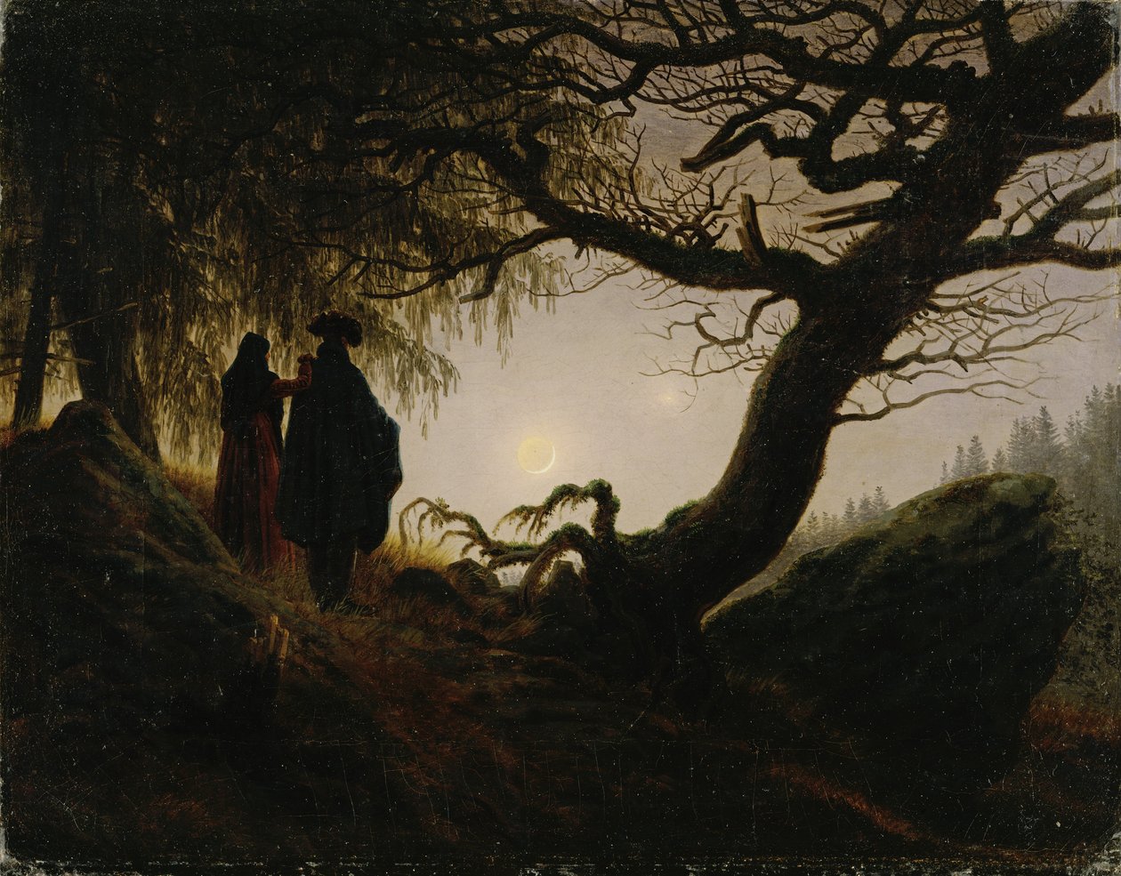 En man och en kvinna som betraktar månen av Caspar David Friedrich