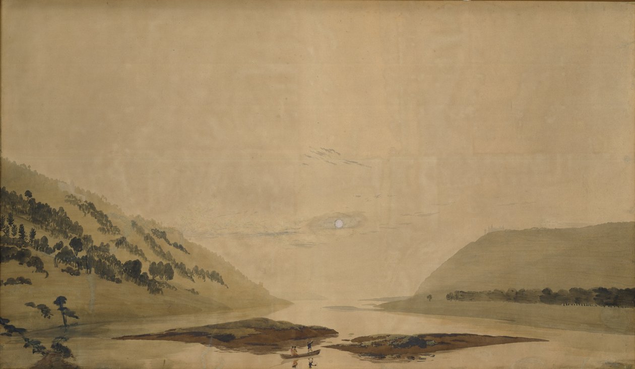 Mountainous Landscape with River in the Morning, 183035 (wc & tempera on transparent paper) (pair to 265365) av Caspar David Friedrich