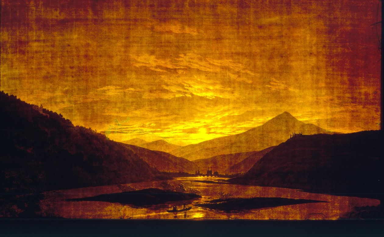 Mountainous River Landscape at Night, 1830-35 (wc & tempera på transparent papper) (par till 242025) av Caspar David Friedrich