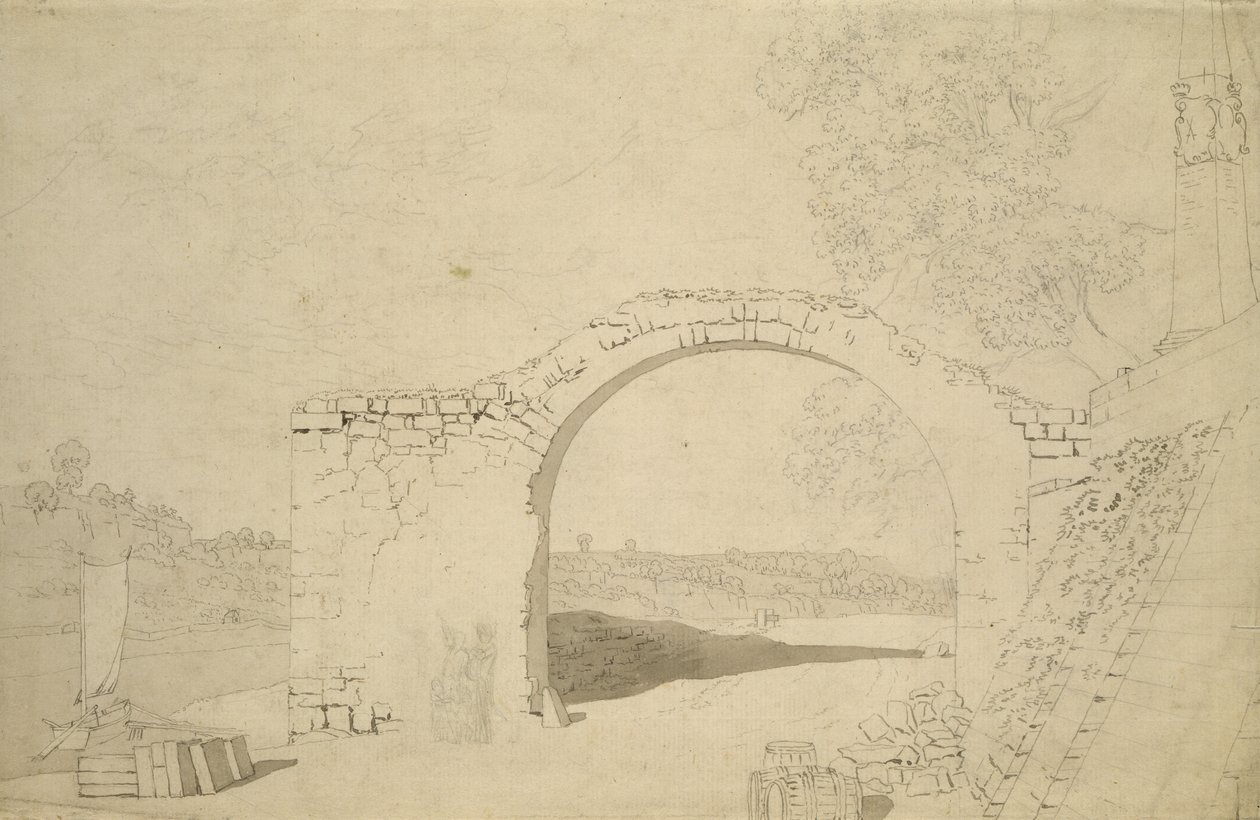 Flodlandskap med en båge (oavslutad) (penna, penna och wc på papper) av Caspar David Friedrich