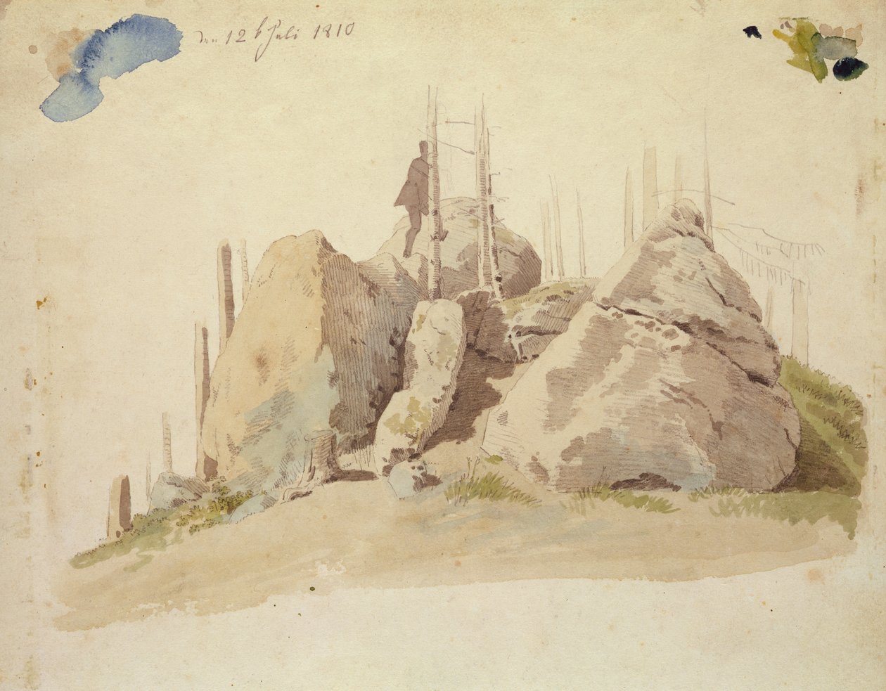 Rock and Tree: oavslutad studie, 12 juli 1810 (wc och penna på papper) av Caspar David Friedrich