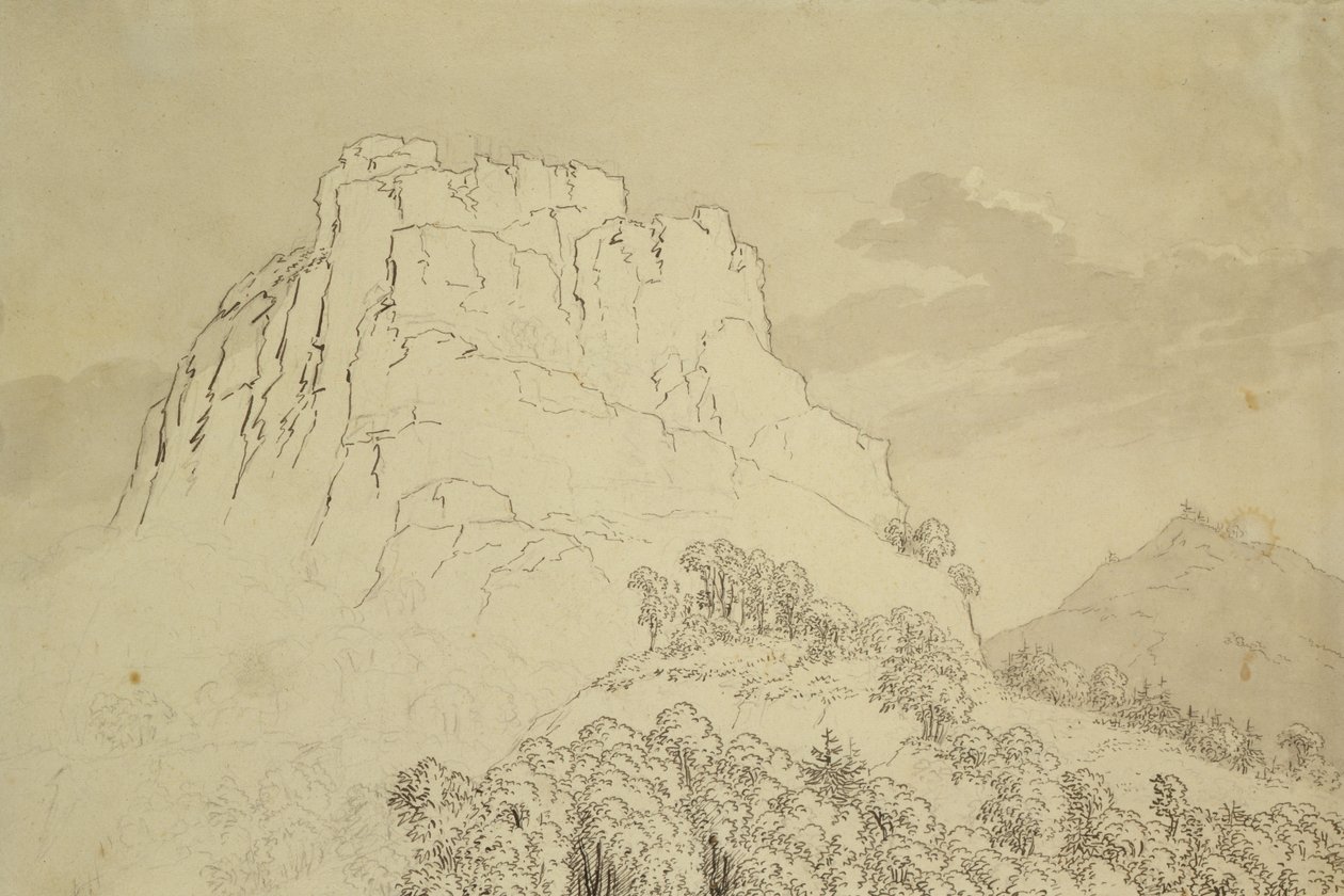Rocky Hilltop med en Wooded Hill framme (penna, penna och wc-tvätt på papper) av Caspar David Friedrich