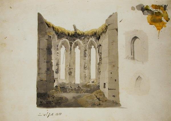 Ruiner av en gotisk kör, 4 juli 1810 (penna och wc på papper) av Caspar David Friedrich