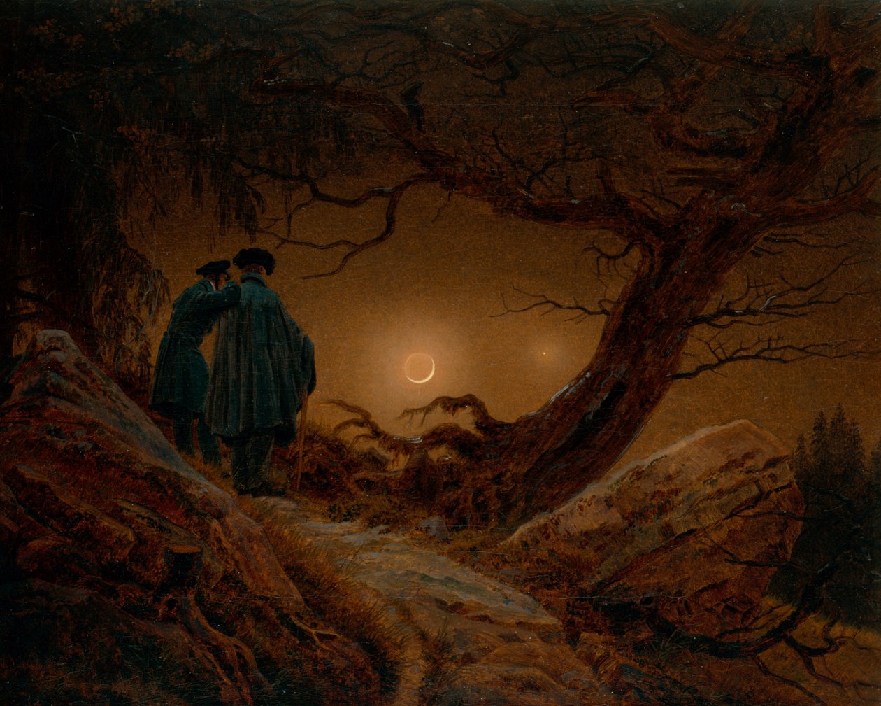 Två män som överväger månen, ca 1820 av Caspar David Friedrich