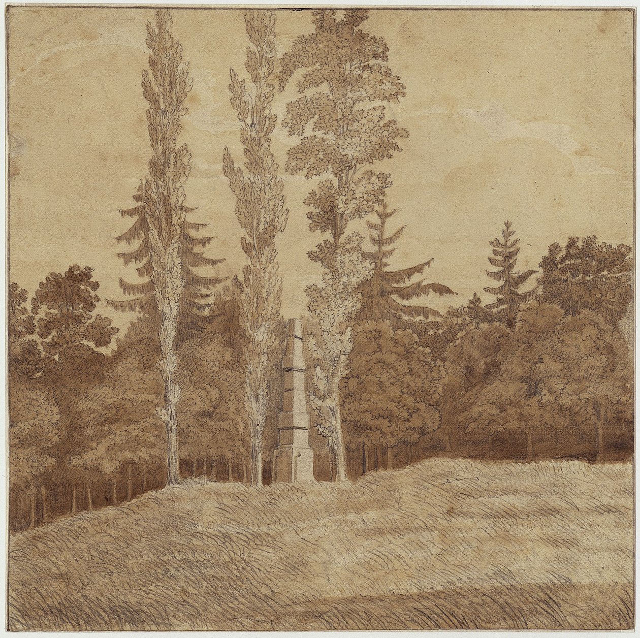 Skogsglänta med obelisk i Seifersdorfdalen av Caspar David Friedrich