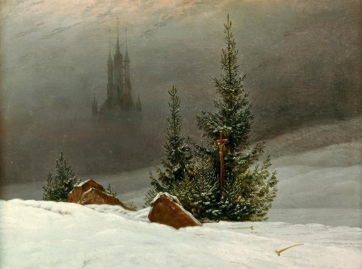 Vinterlandskap med kyrkan av Caspar David Friedrich